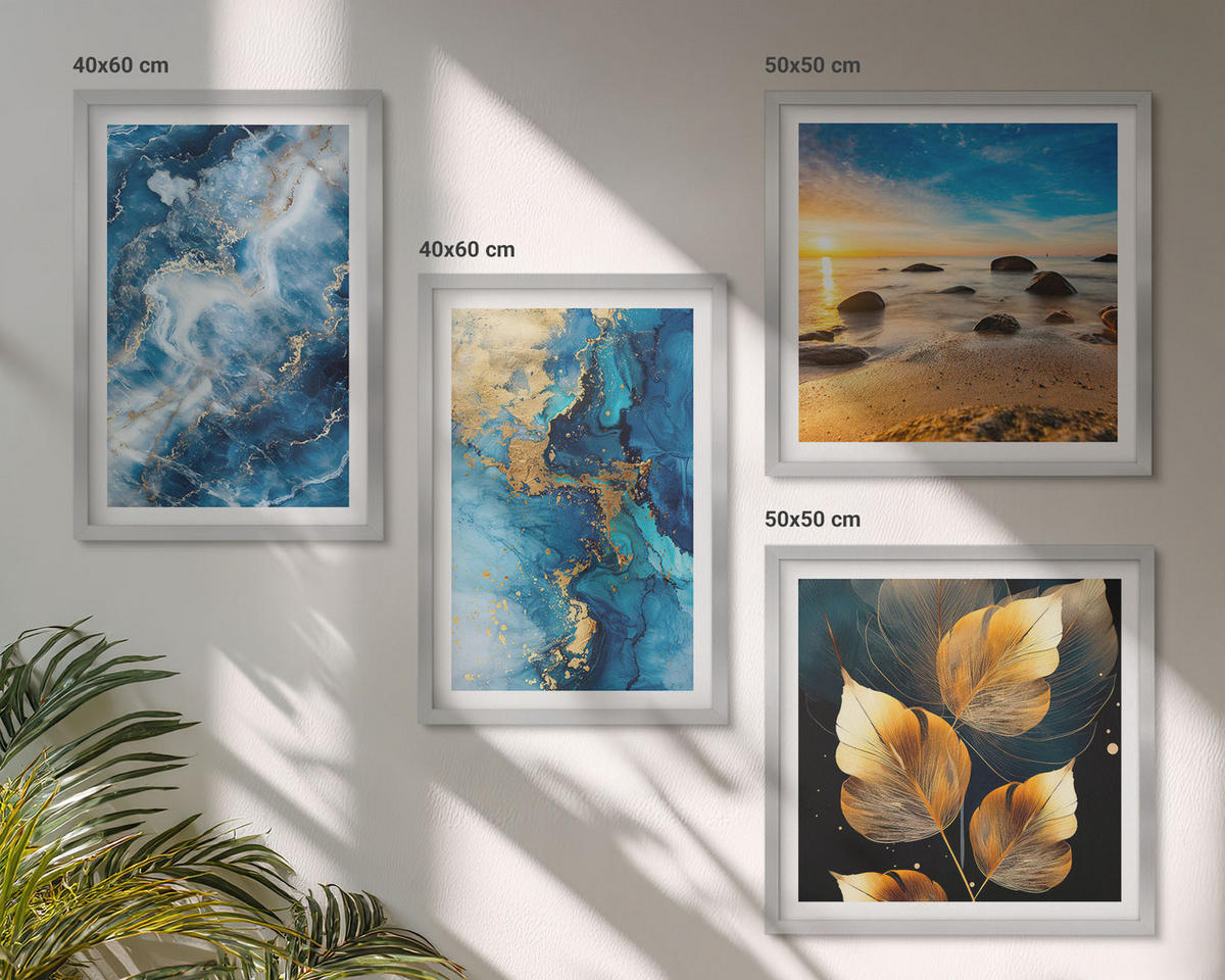 WANDBILDER 4er Set - 50x50 cm & 40x60 cm Silberner Rahmen - Bilder mit blau-goldenen Mustern - Silberfarben, Kunststoff (50/50cm) - ArtPrintCave