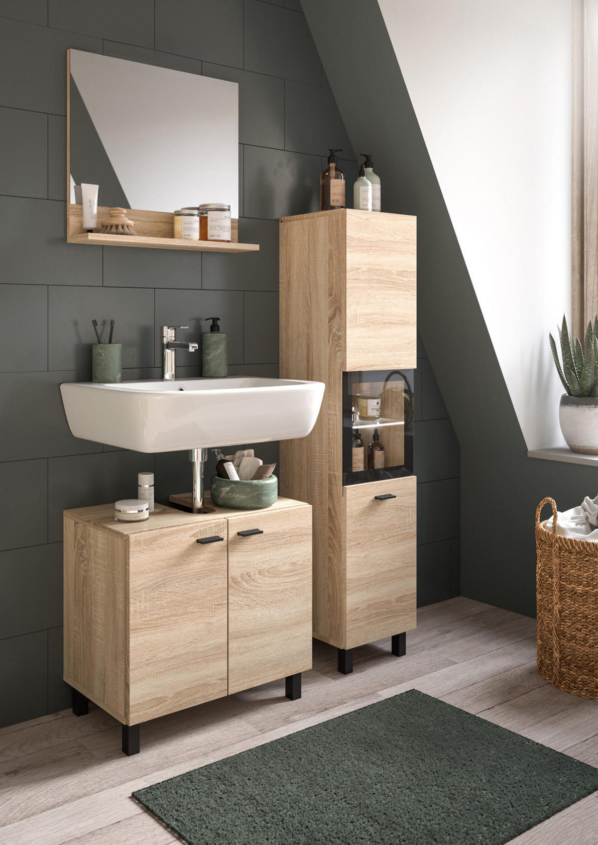 BADMÖBEL-SET Eiche 3-teilig 100 cm, Komplettset hängend oder stehend - Eichefarben/Schwarz, Glas/Holzwerkstoff (102/186/33cm) - Inn.Furn