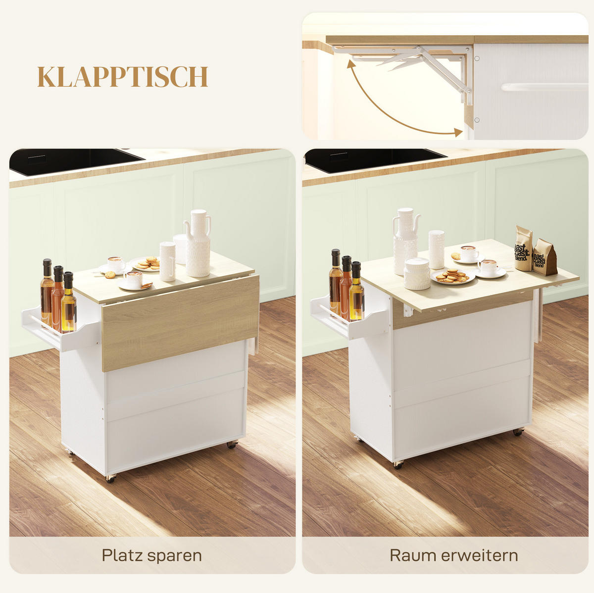 KÜCHENROLLWAGEN mit Klapparbeitsplatte 106 x 42 x 87 cm Weiß - Weiß, Holz (42/87/106cm) - Beauniv