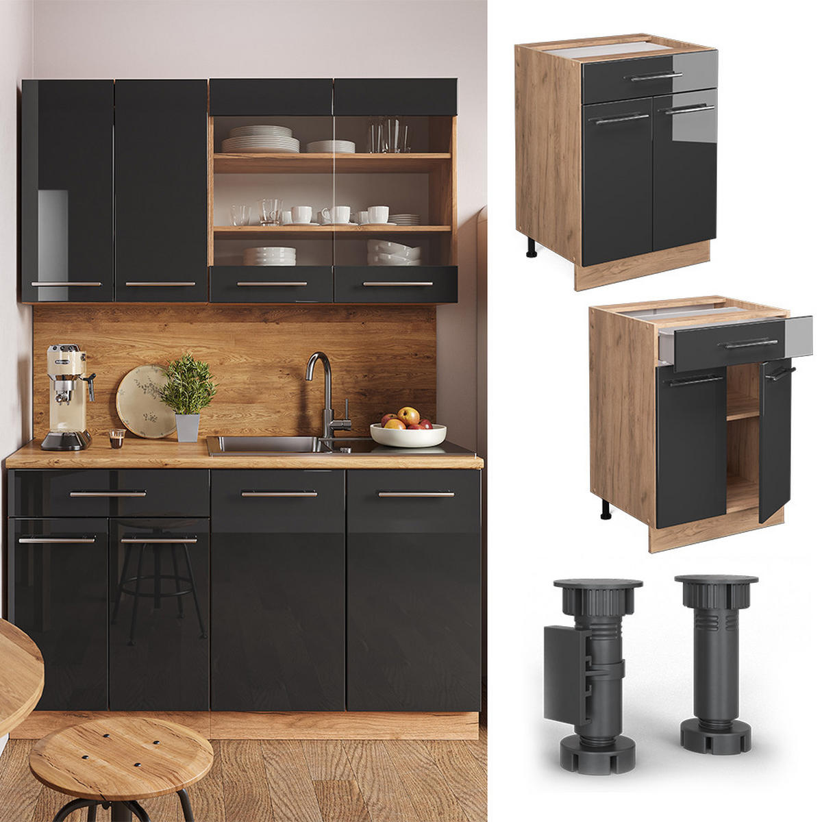 KÜCHENUNTERSCHRANK Fame-Line Anthrazit Hochglanz 60 cm mit Schublade ohne AP - Anthrazit/Eiche Wotan, Holzwerkstoff (60/82/51.6cm) - Vicco