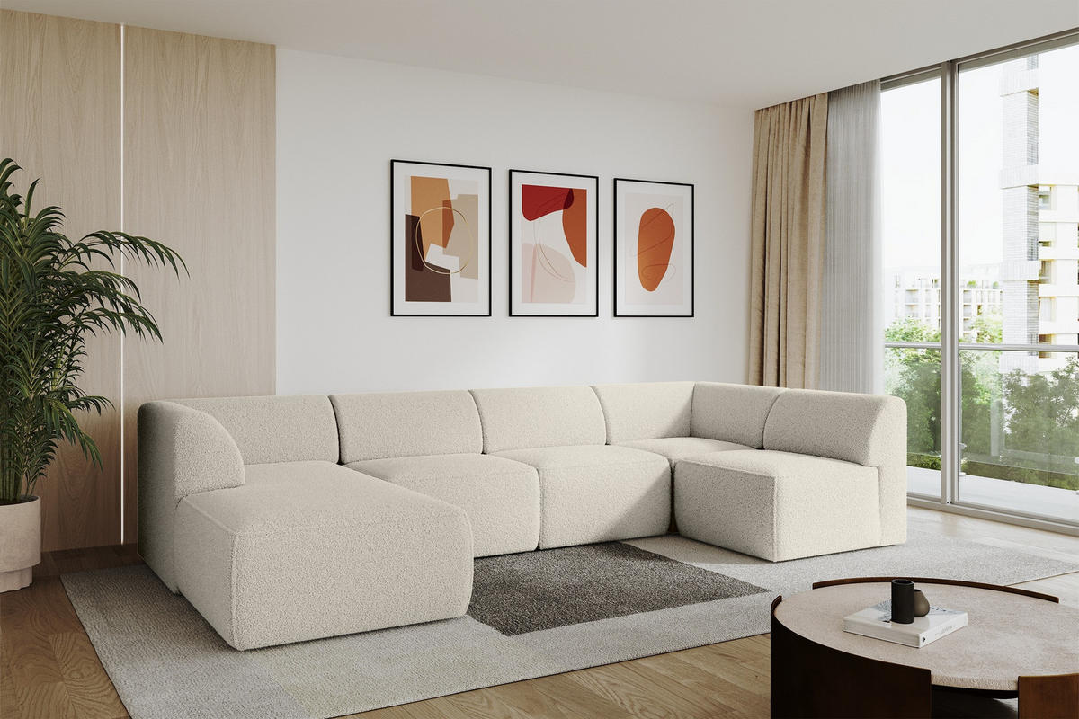 WOHNLANDSCHAFT Ottomane Links MOVA 345x180x78 Beige Bouclé - Sandfarben/Beige, Holzwerkstoff/Kunststoff (180/78/345cm) - ALTDECOR
