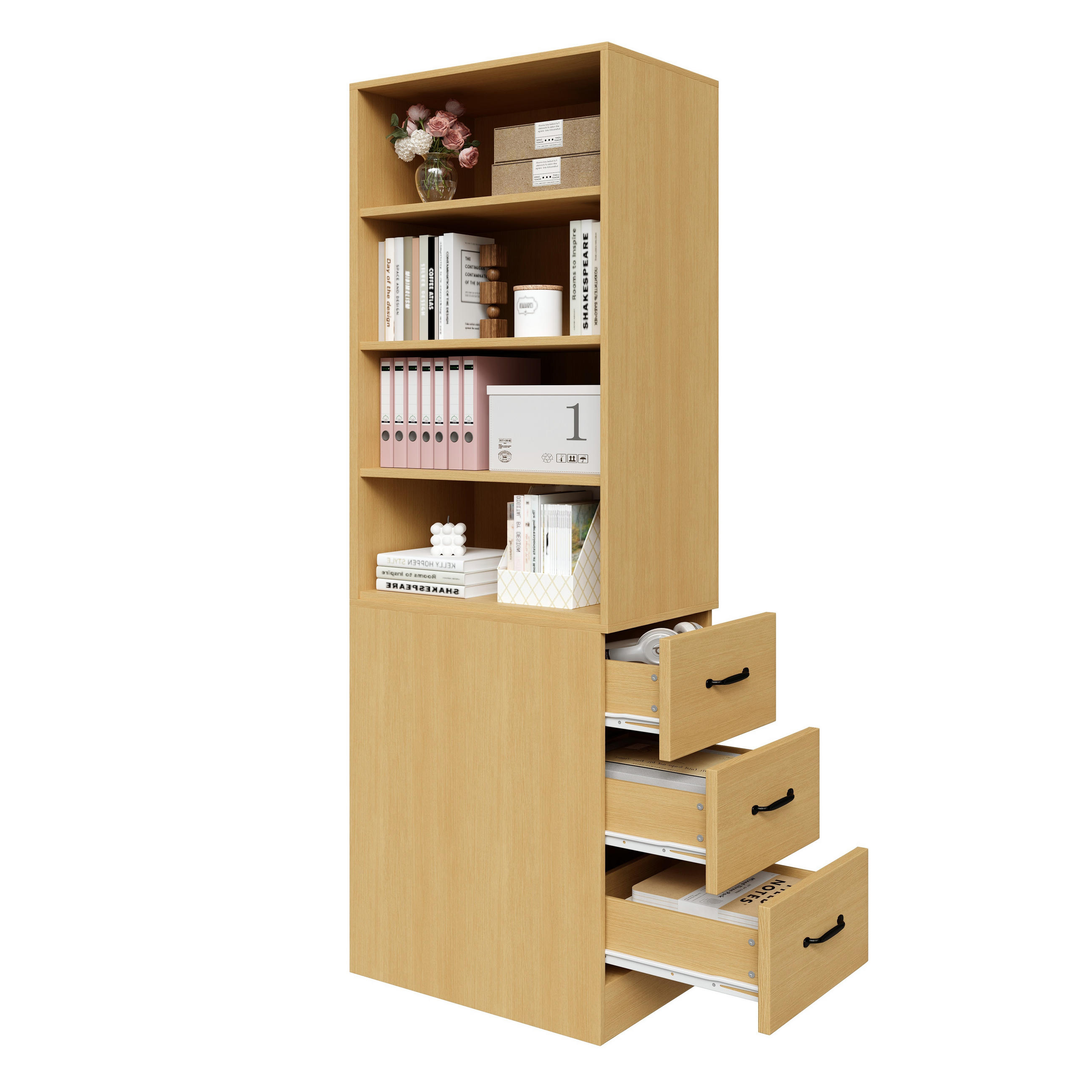 BÜCHERREGAL 180cm schmal Schubladen verstellbar links/rechts modern - Eichefarben, Holzwerkstoff (60/180/30cm) - FLIEKS