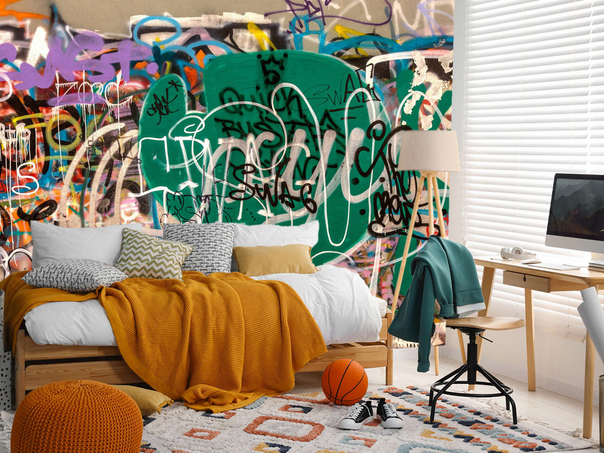 FOTOTAPETE für Jugendzimmer Straßenkunst Buntes Graffiti Urban 200x140 - Beige/Violett, Papier (200/140cm) - Muralo