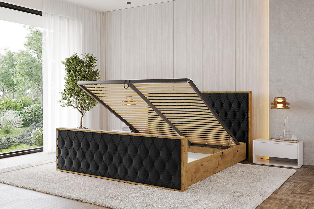 POLSTERBETT mit Bettkasten, Fußteil und Lattenrost, Boxbett ohne Matratze - ENZO5-Z 200x200 Schwarz - Schwarz, Holzwerkstoff/Textil (200/200cm) - ALTDECOR