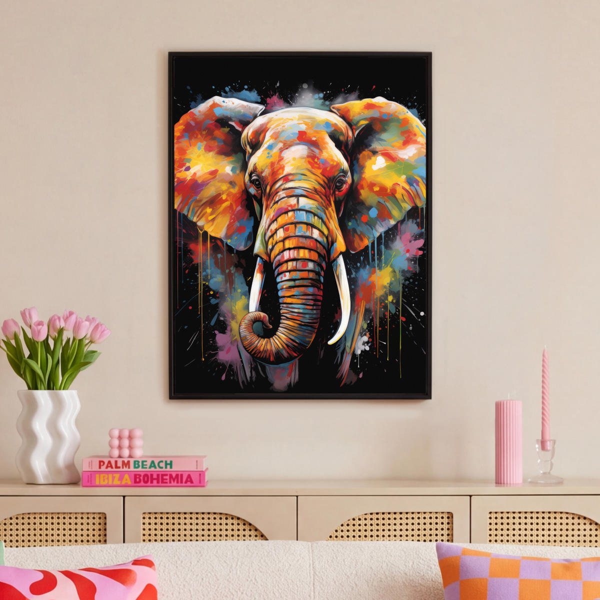 LEINWAND Bilder mit Rahmen - Elefant - Graffiti - Schwarz - Tiere - Farben - 70x100 - Schwarz, Textil (70/100cm) - MuchoWow