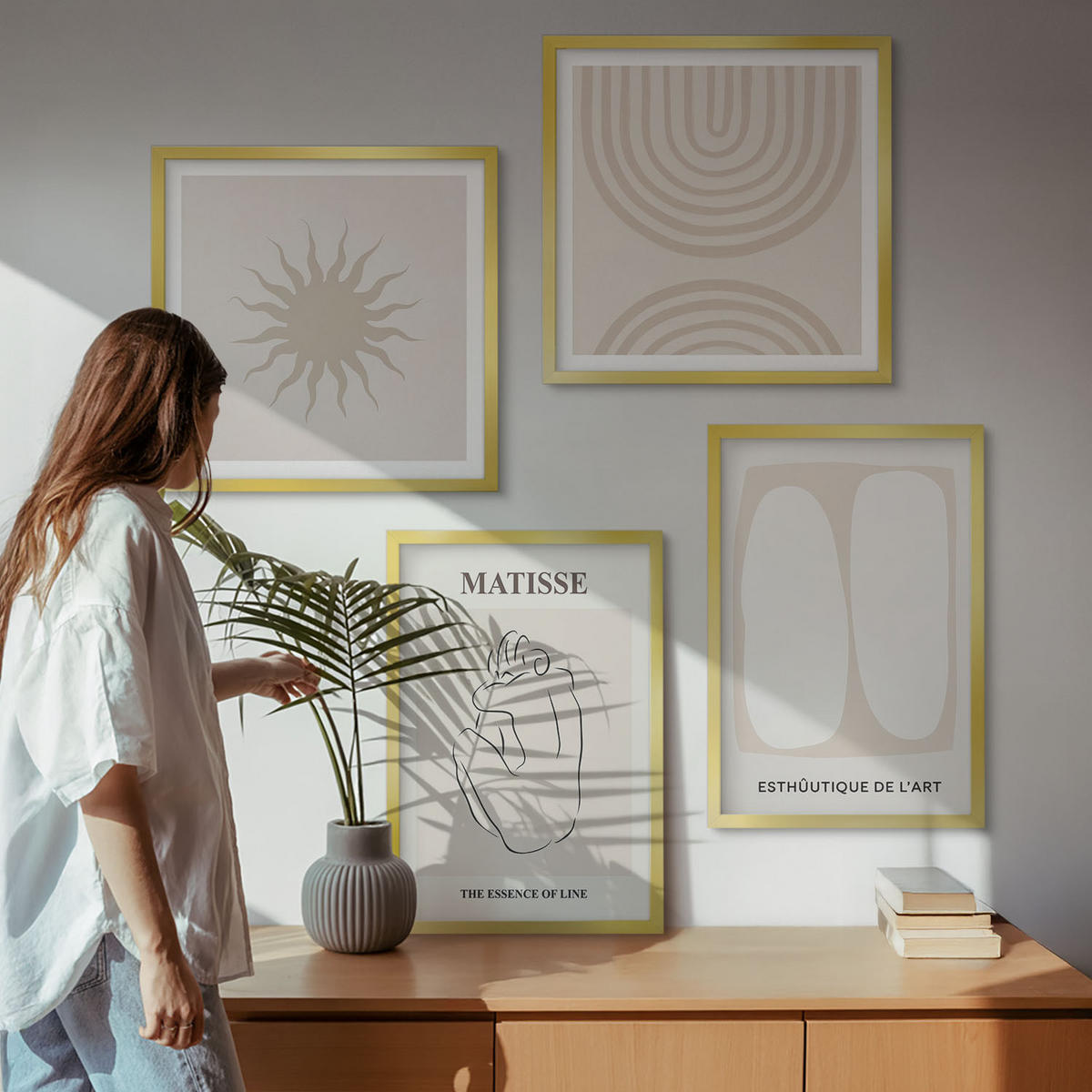 BILDER SET 4er Set - 50x50 cm & 40x60 cm Goldrahmen - Stilvolle minimalistische Linien - Goldfarben, Kunststoff (50/50cm) - TULUP