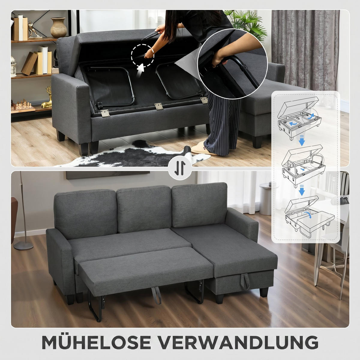 SCHLAFSOFA Dunkelgrau 197.0/129.0/85.0cm - Dunkelgrau, Textil (129/85/197cm)