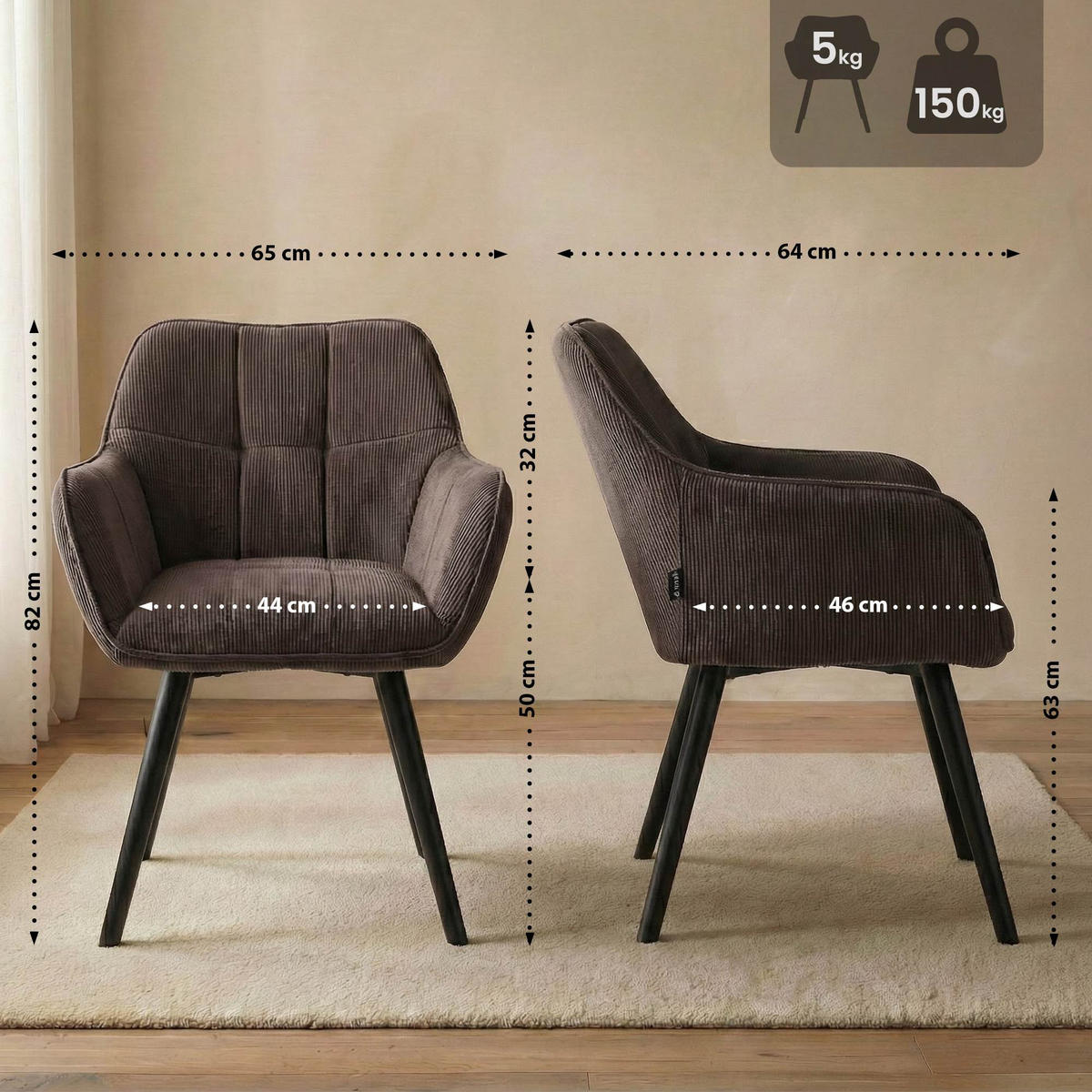 ESSZIMMERSTUHL Cord Braun - Schwarz/Braun, Holz/Textil (65/82/64cm) - CLP