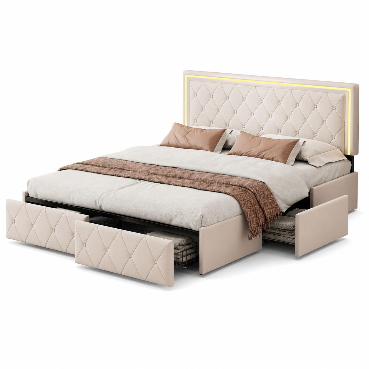 LED POLSTERBETT 160/200 cm Beige, mit 4 Schubladen, Diamant-Steppung und Stauraum für Schlafzimmer - Beige, Holz/Metall (160/200cm) - Joyfair