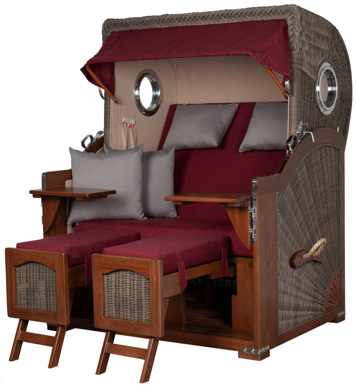 STRANDKORB Komplettset: Ammersee Mahagoni Bullauge - PE grau - Modell 594 - Rot/Grau, Holz/Kunststoff (125/165/80cm) - bene living