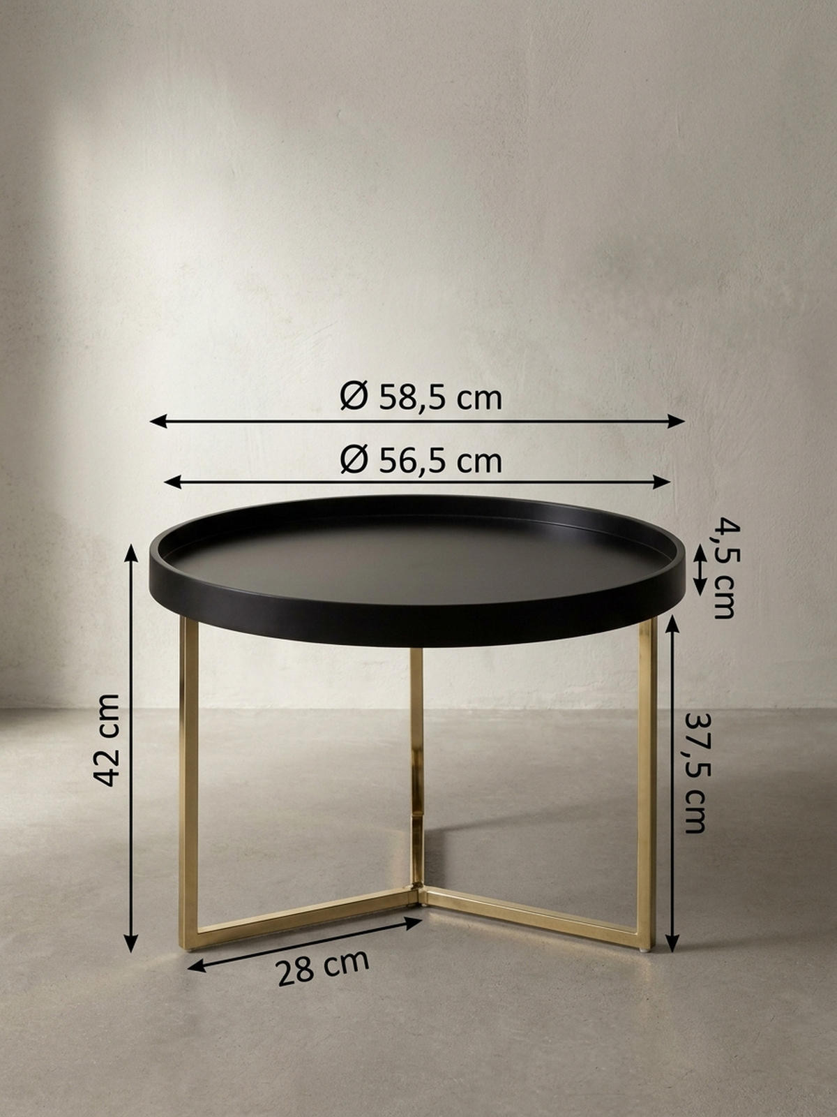 SOFATISCH LIA Rund mit Metallgestell, abnehmbares Tablett und Anti-Rutsch-Noppen, Gold 58 x 58 x 42 cm - Goldfarben, Holz/Metall (58/58/42cm) - KADIMA DESIGN