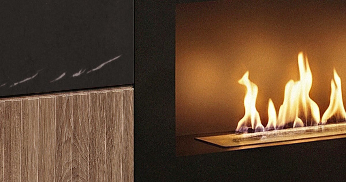 TV-LOWBOARD Eiche, Marmor schwarz 160 cm, TV Unterschrank Set mit Ethanol Kamin - Eichefarben/Schwarz, Holzwerkstoff/Kunststoff (160/180/45cm) - Inn.Furn