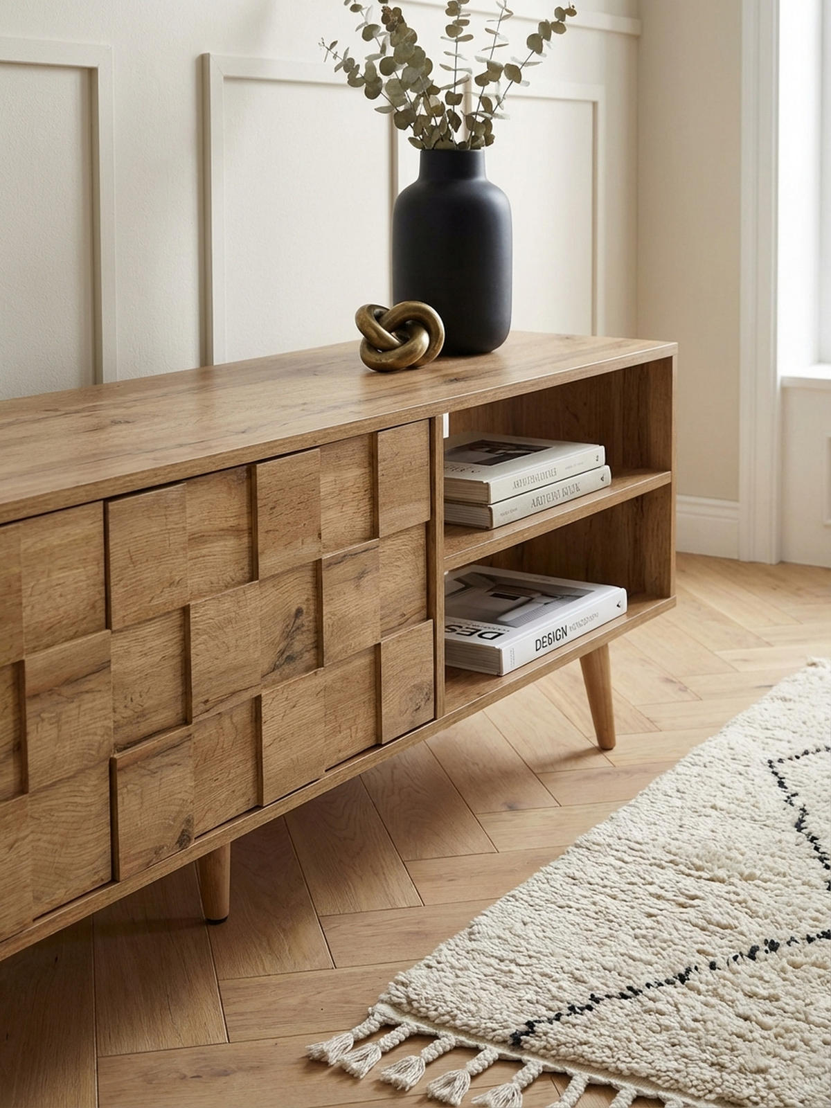 LOWBOARD Eiche-Dekor Modern Stil für 70-Zoll Fernseher - Braun, Eichenholz/Holz (160/51/40cm) - KADIMA DESIGN