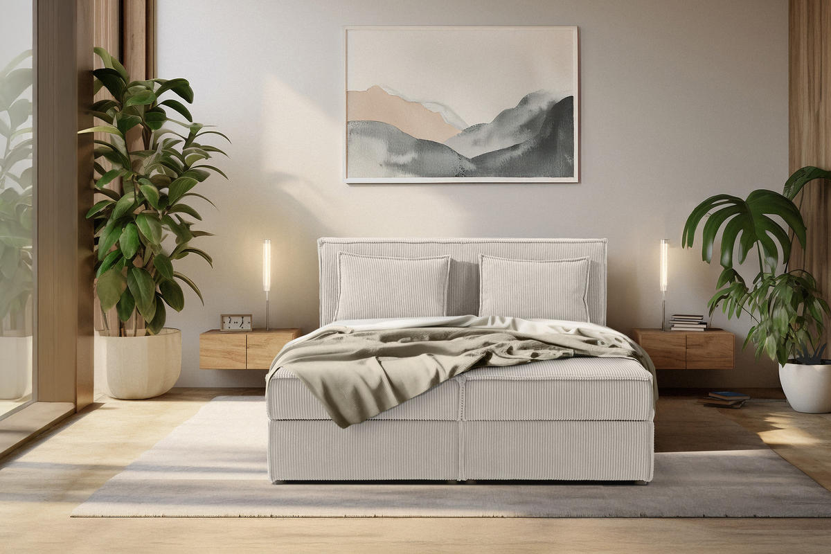 BOXSPRINGBETT ROTI mit Stauraum, cremefarben - Creme/Schwarz, Holz/Holzwerkstoff (140/200cm) - KONSIMO®