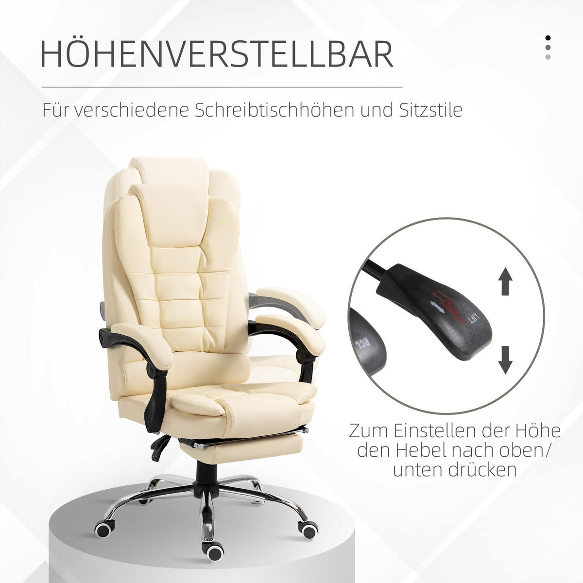 CHEFSESSEL Bürostuhl mit Fußstütze, Schreibtischstuhl mit Neigefunktion Creme - Creme, Leder (69/117/64.5cm) - HOMCOM
