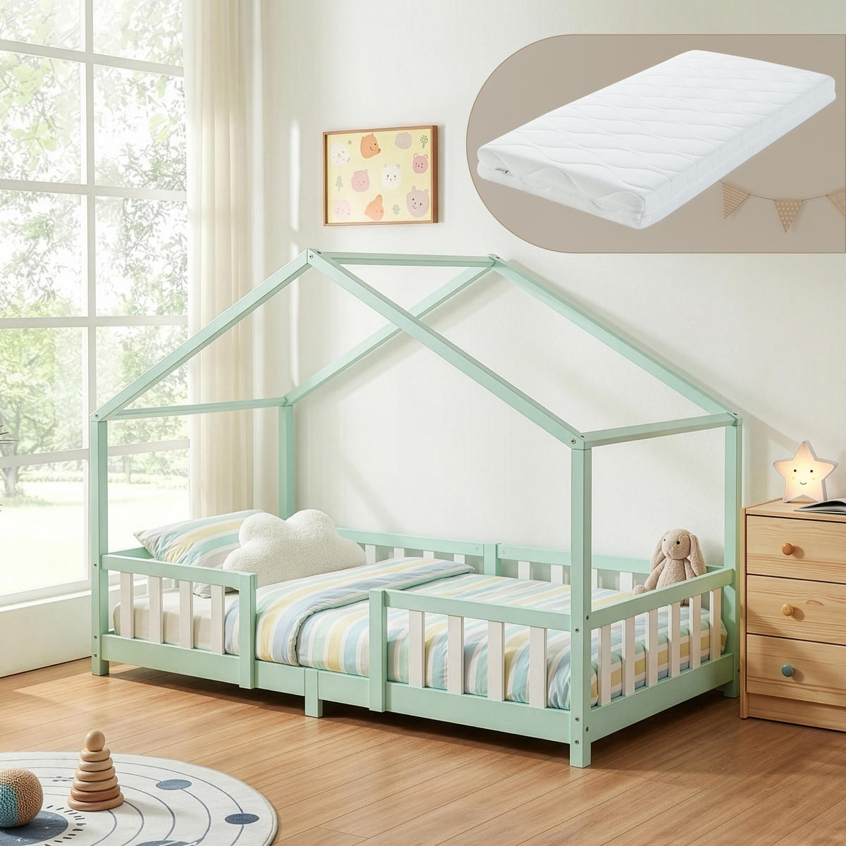 DOMÁCÍ POSTEL Treviolo s matrací - bílá/mátově zelená, dřevo/textil (90/200cm) - [en.casa]