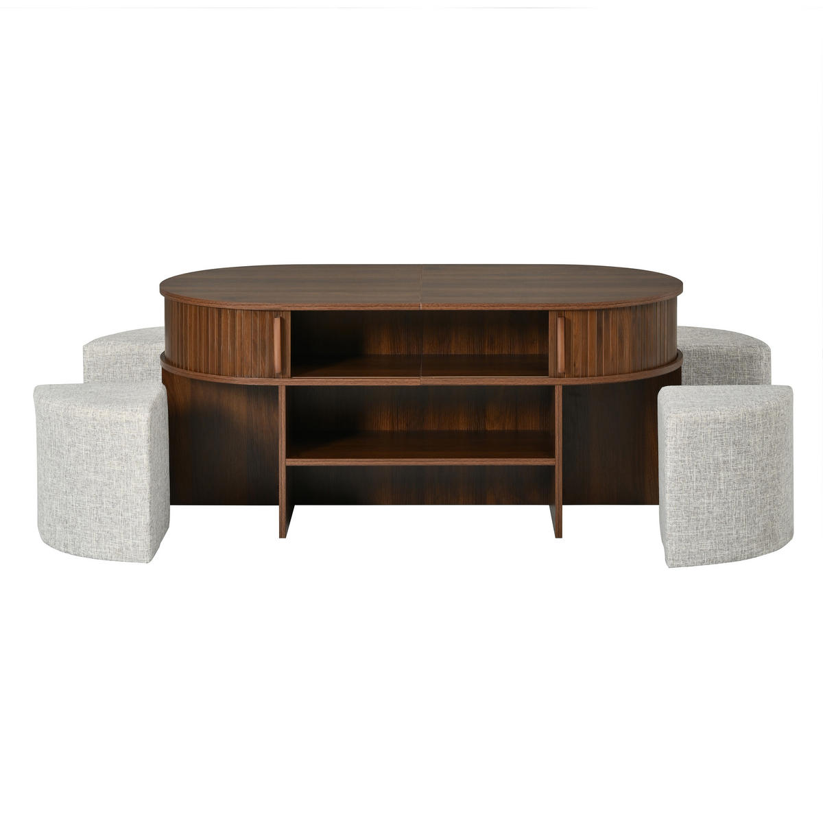 COUCHTISCH Oval Stauraum Rillenoptik mit Hockern Modern - Walnussfarben, Holzwerkstoff (60/120/51.5cm) - FLIEKS