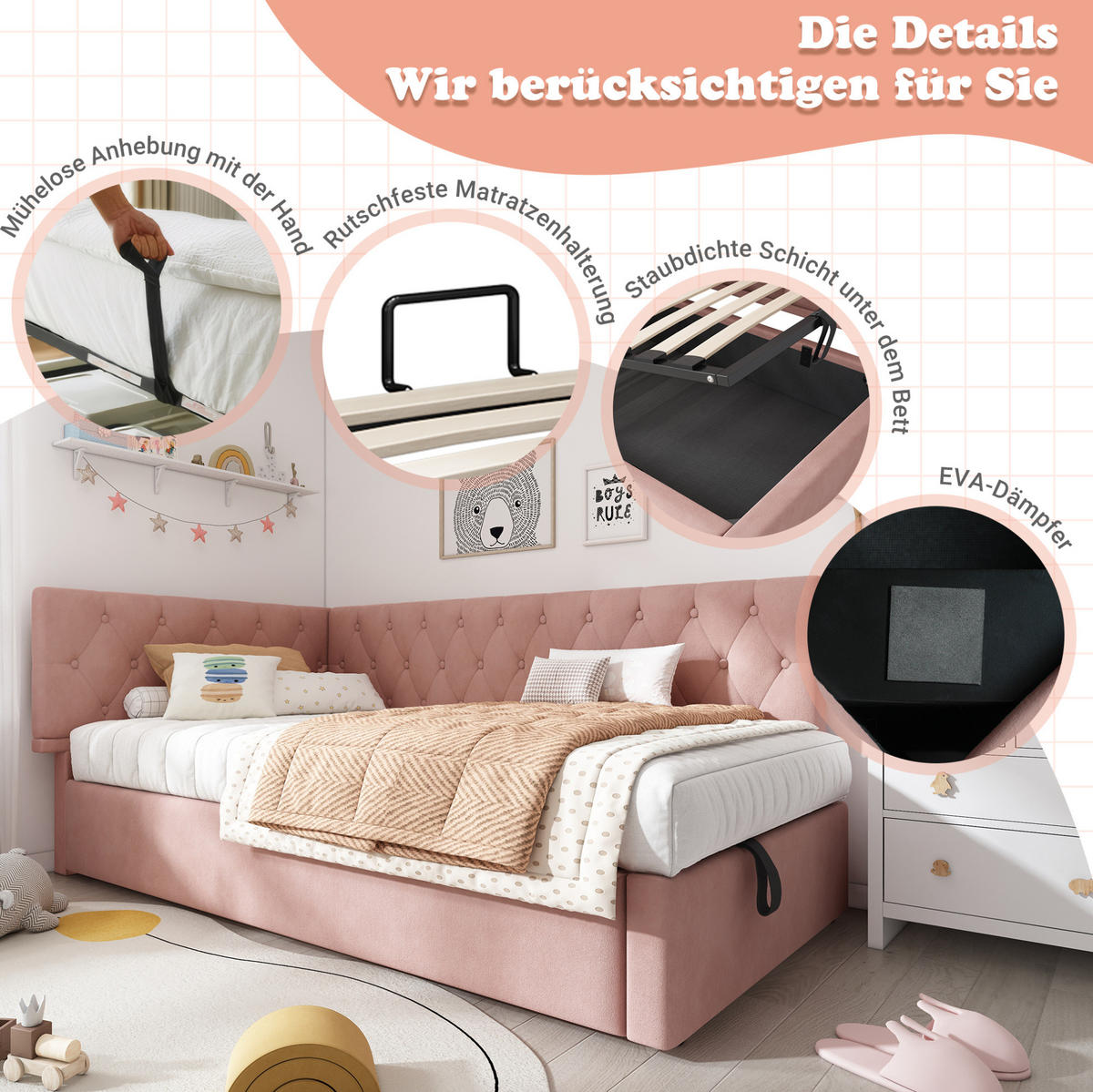 BETT mit hydraulischem Stauraum 90x190 cm Samt Rosa - Pink, Metall (90/190cm) - Beauniv