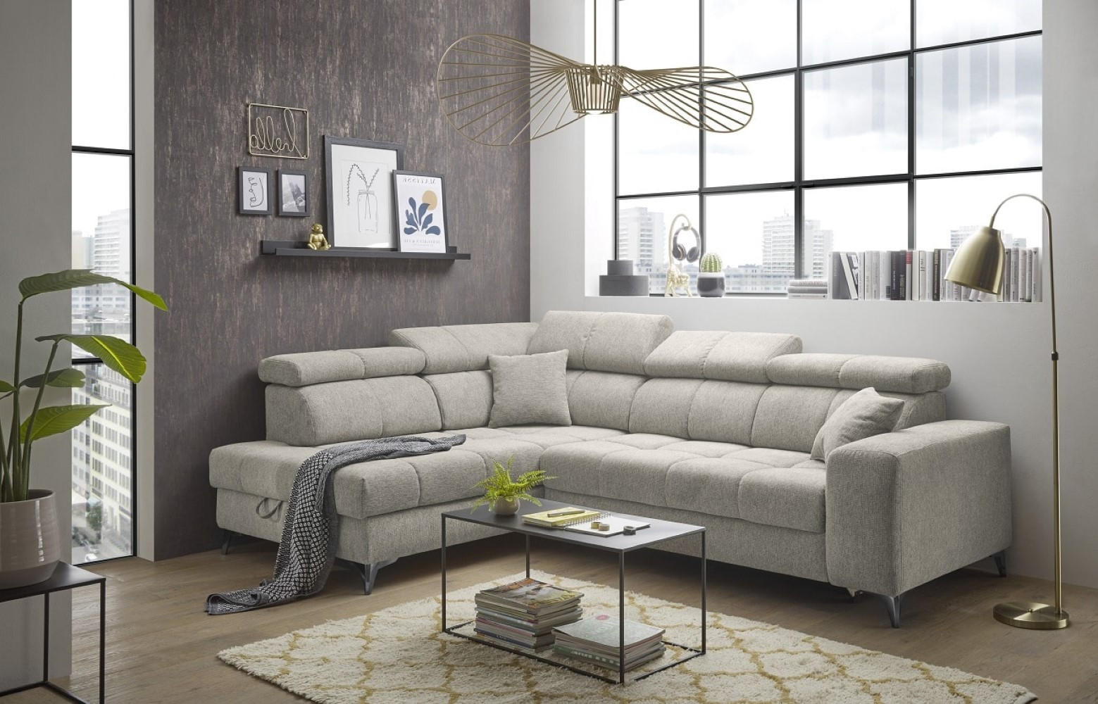 ECKSOFA mit Schlaffunktion und Bettkasten, Luxus-Mikrofaser - Beige/Schwarz, Textil/Metall (282/198cm) - ed exciting design