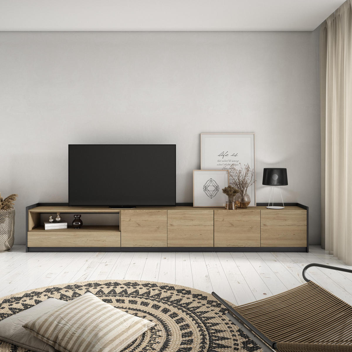 TV-SCHRANK, Lowboard, Eiche Schwarz, 310/37/50cm - Eichefarben, Holzwerkstoff (310/50/37cm) - Skraut Home