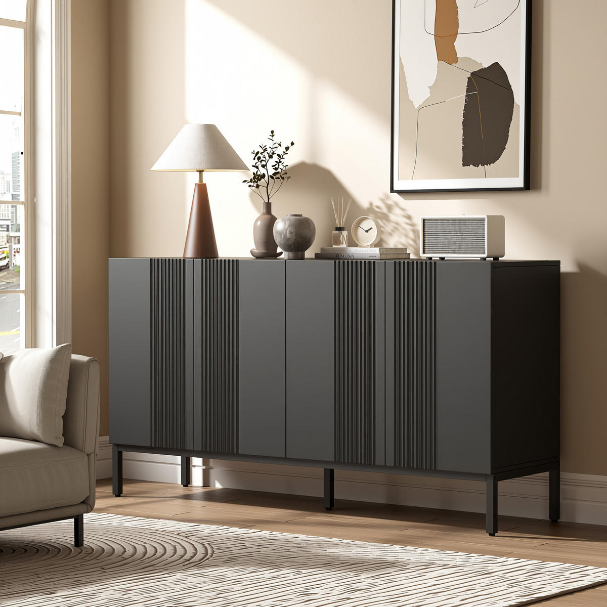 SIDEBOARD 145 cm Schwarz mit 4 Türen & verstellbaren Einlegeböden im modernen Stil - Schwarz, Holzwerkstoff (145/80/41.5cm) - Urban Meuble