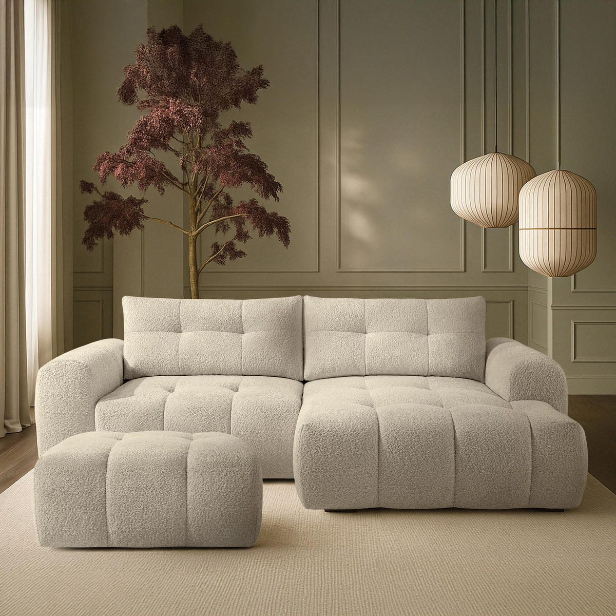 POUF RAVIA, Bouclé, Weiß - Weiß, Holz/Textil (96/45/50cm) - KONSIMO®