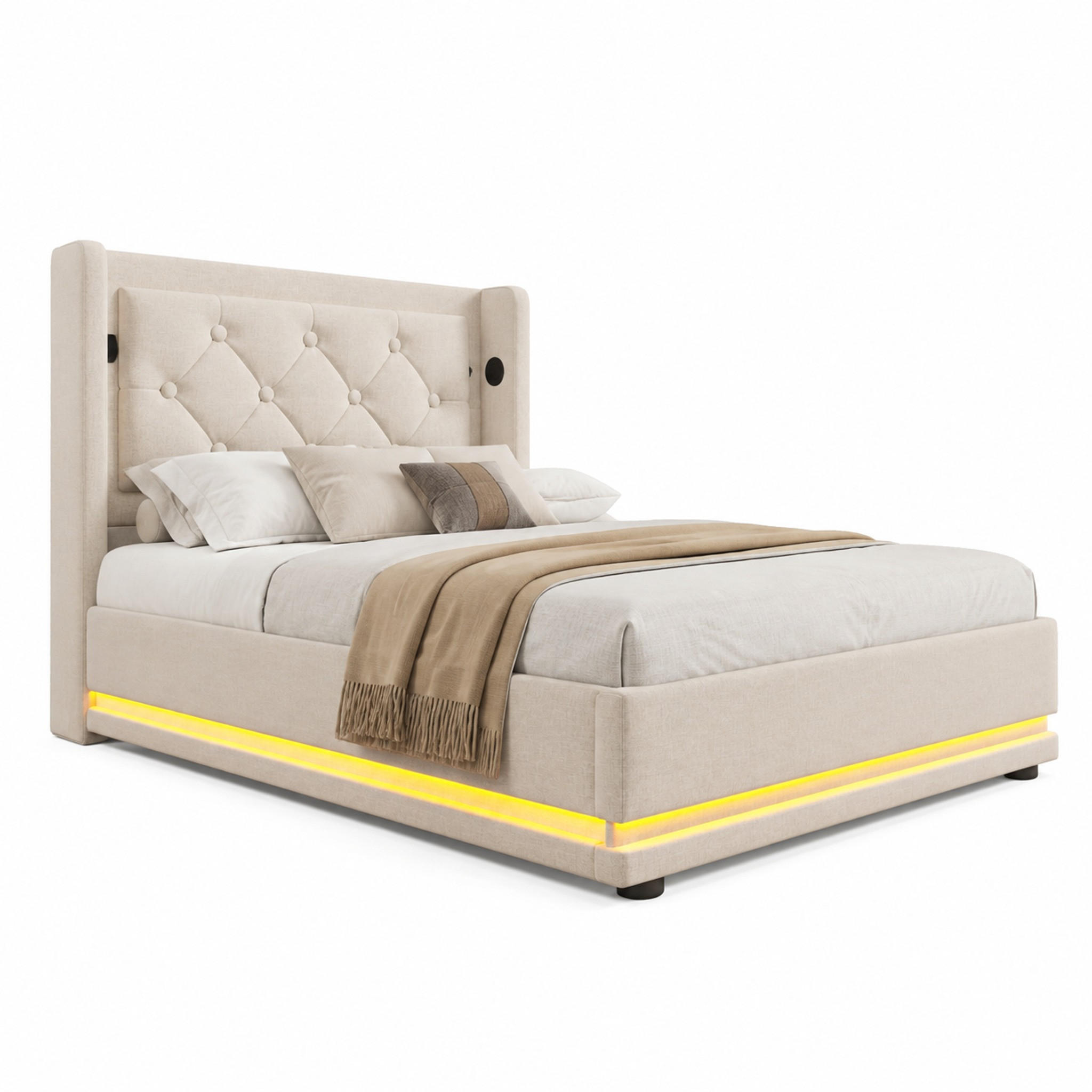 POLSTERBETT mit Stauraum LED USB/Typ-C 90x200 cm Baumwolle Beige - Beige, Metall (90/200cm) - Meubliv