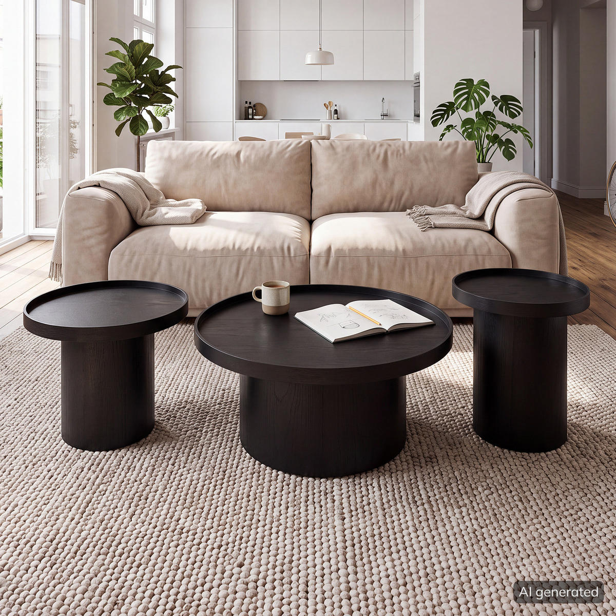 COUCHTISCH-SET 3-TEILIG - MDF - Eiche - Eichefarben/Schwarz, Holzwerkstoff (80/80/35cm) - home24