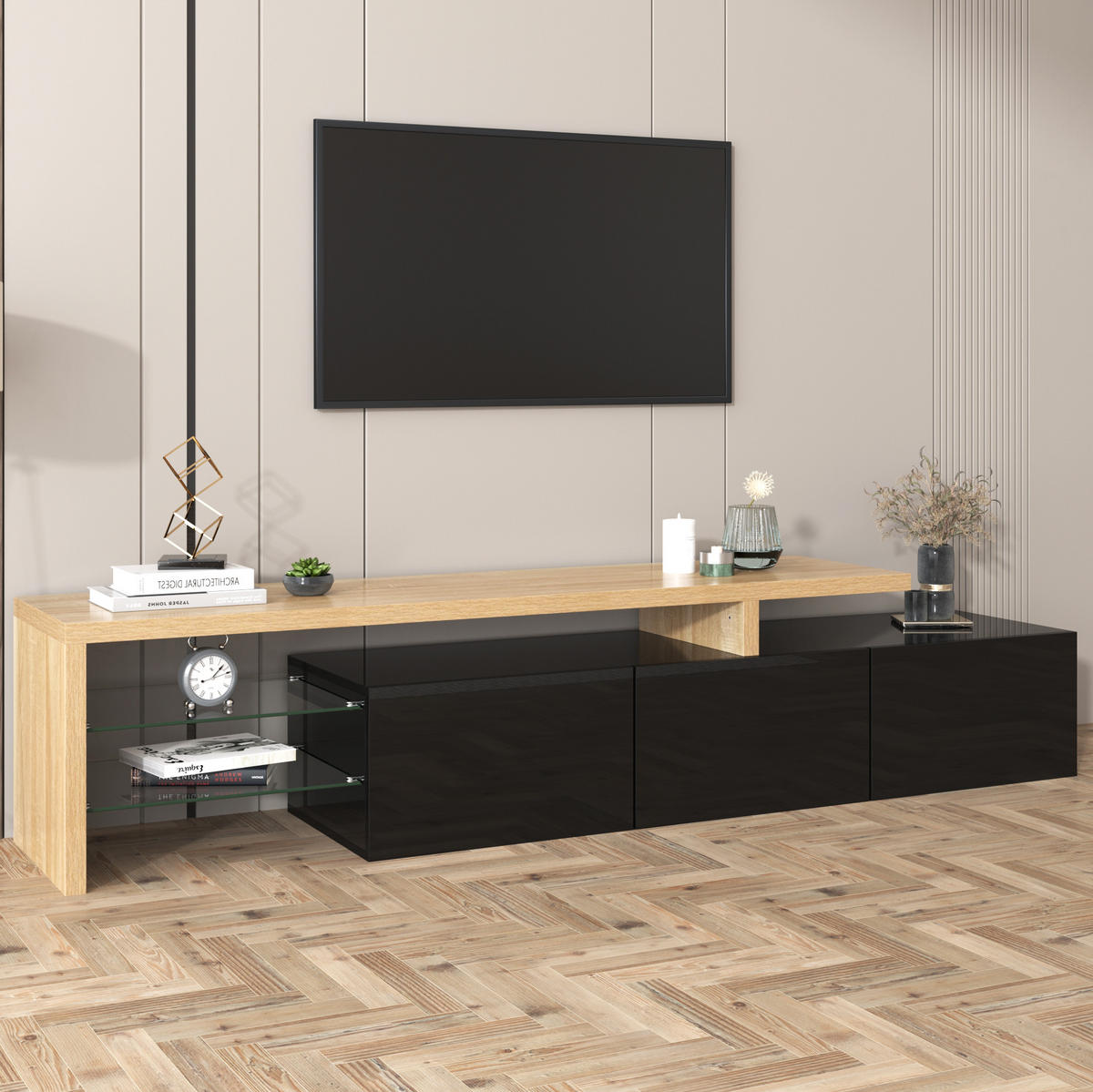 LOWBOARD 197,5/39/42 cm aus MDF und Glas mit 7-farbiger LED-Beleuchtung Schwarz/Natur - Naturfarben, Holzwerkstoff (197.5/42/39cm) - Modenvie