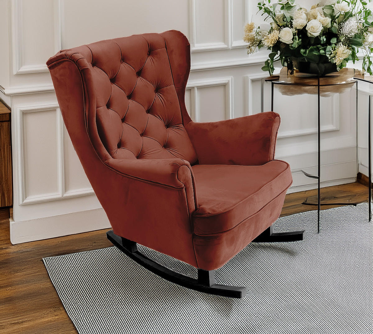 SCHAUKELSESSEL mit gepolstertem Sitz und Armlehnen, 102x81x95 cm, Burgunderrot_29833 - Kirschbaumfarben/Schwarz, Holz/Textil (81/102/95cm) - DomoHome