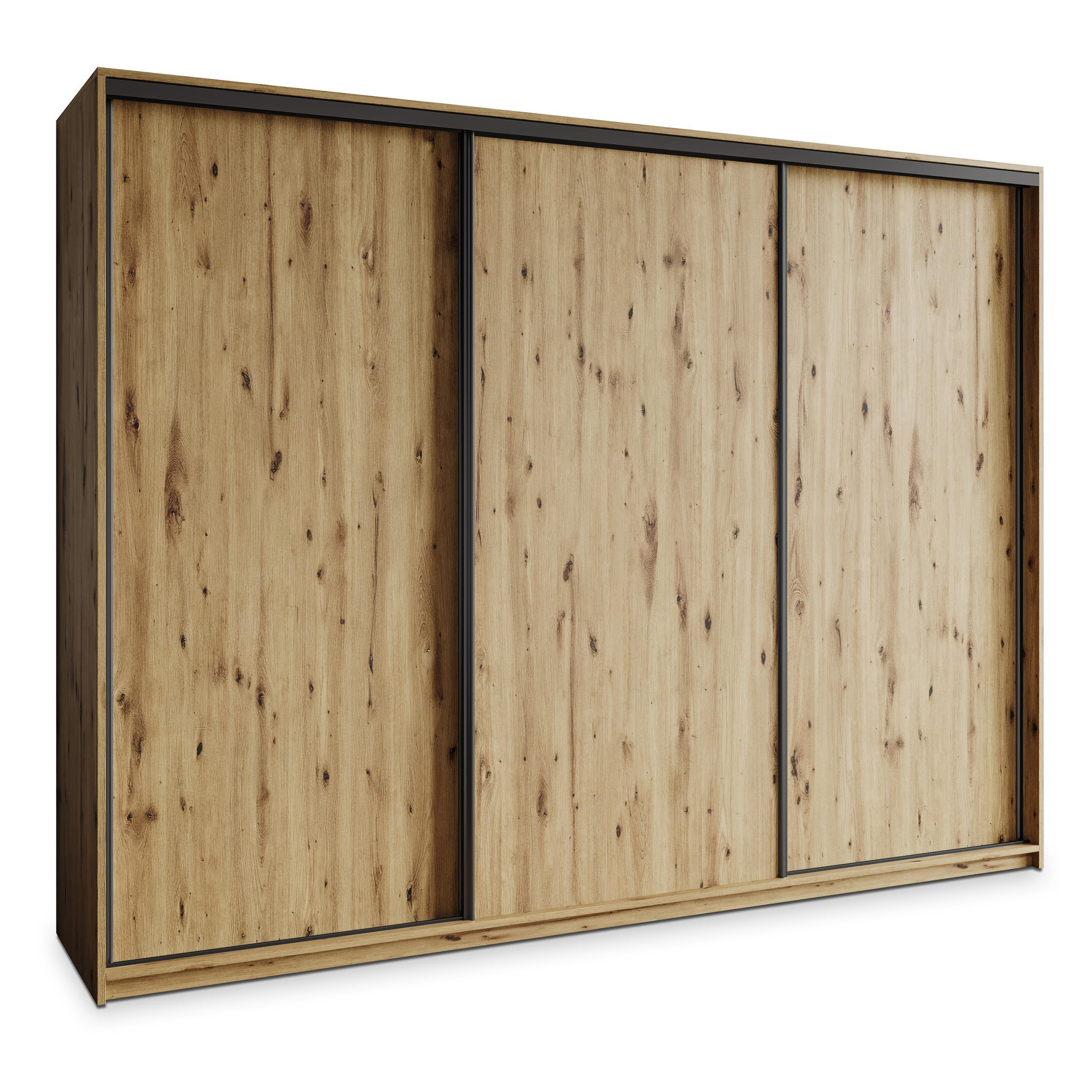 SCHWEBETÜRENSCHRANK NISSE 250/205/60 cm 3-türig mit Schubladen Eiche Artisan - Schwarz/Eiche Artisan, Holzwerkstoff (250/205/60cm) - MASSENO