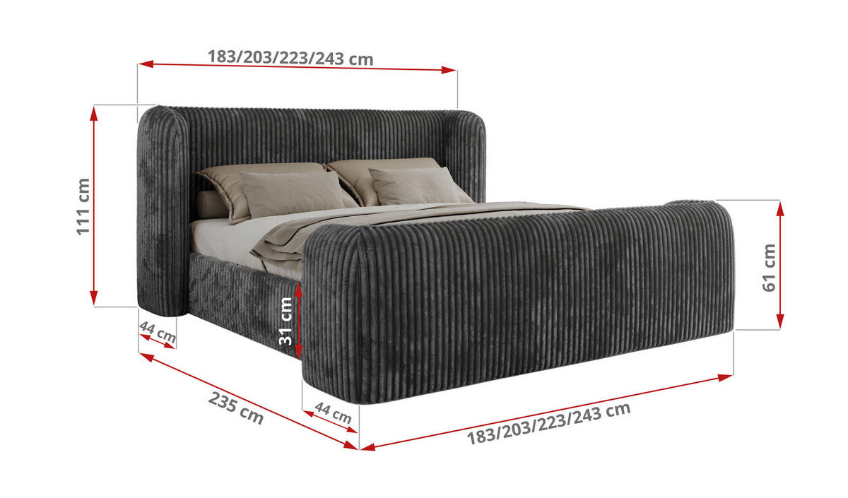 POLSTERBETT EMORA CLASSIC DUO 140/200 - Grau Cord - ohne Matratze - Grau, Textil (140/200cm) - MKS