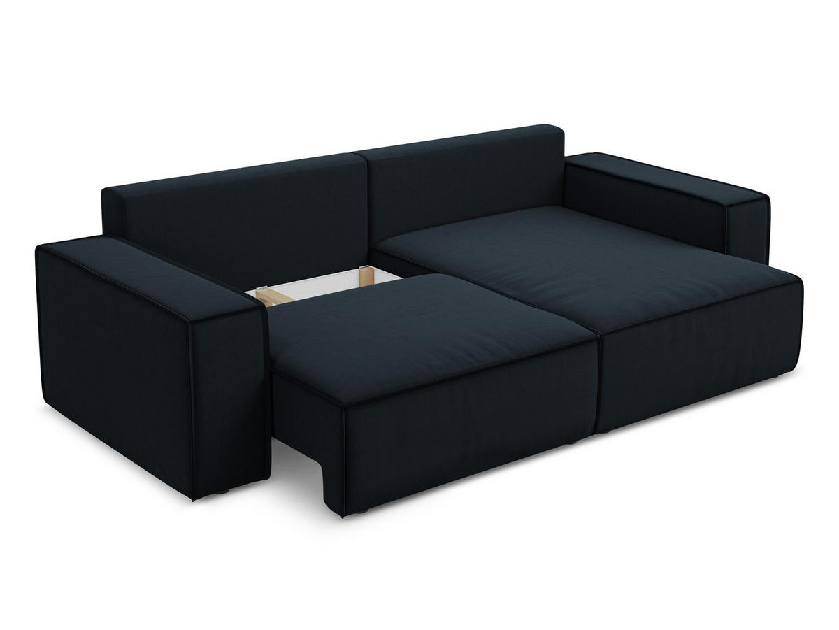 ECKSOFA mit Schlaffunktion Samt Stoff Blau - Blau/Schwarz, Kunststoff/Textil (257/148cm) - Makamii