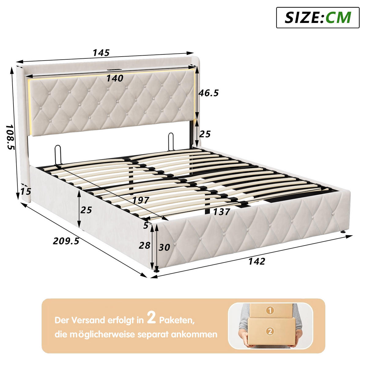 POLSTERBETT 140x200cm -Lumina-Rest- mit LED & Ladefunktion – Samt Beige - Beige, Textil (140/200cm) - DELFA