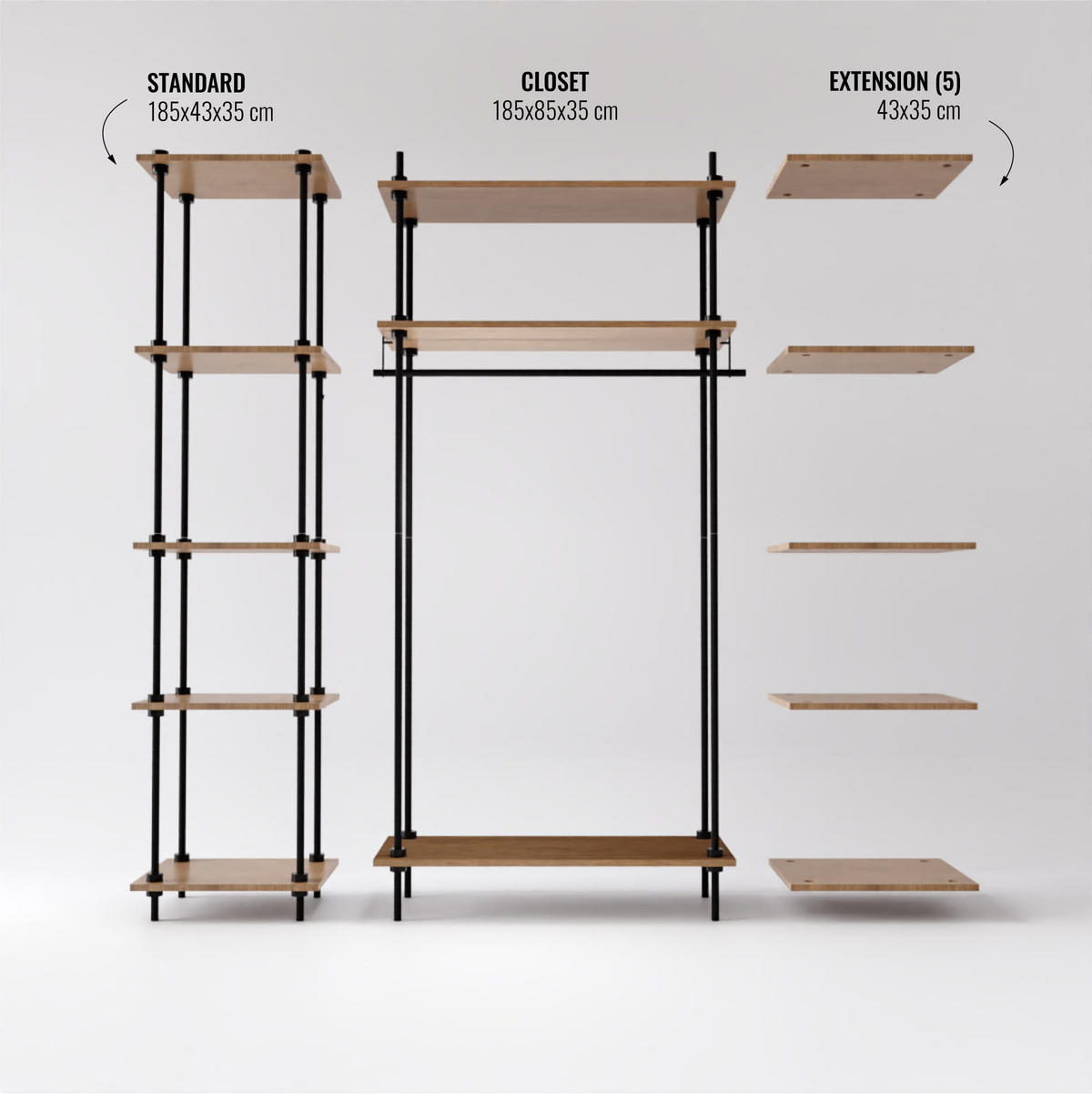 REGALSYSTEM Wandergal mit Kleiderschrank - Eiche San Remo, Metall (151/185/35cm) - AR Shelving