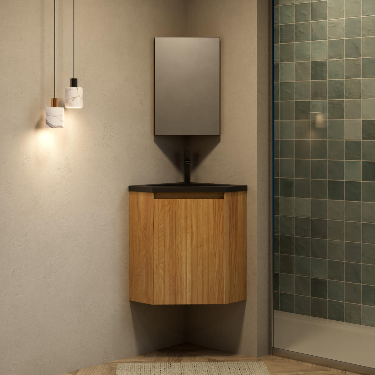 WASCHTISCHUNTERSCHRANK 54.5x38.5x52.4cm Schwarz/Naturholz mit Harzbecken - Naturfarben, Kunststoff (38.5/52.4/54.5cm) - Modfu
