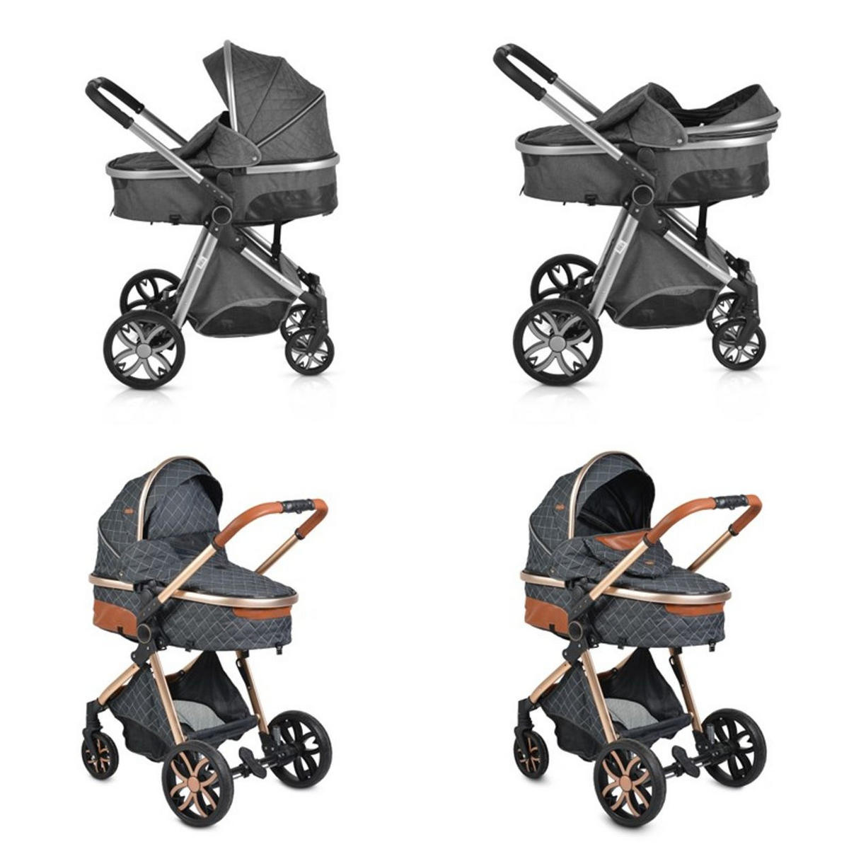 KINDERWAGEN Alma schwarz Sportsitz Tragetasche umbaubar Wickeltasche Sitz umkehrbar - Schwarz, Metall (90/60/120cm) - Moni
