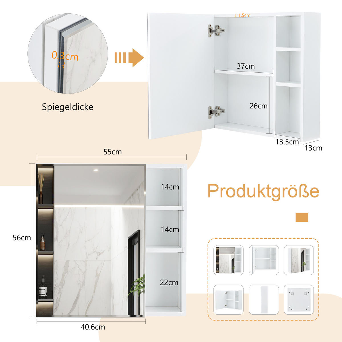 SPIEGELSCHRANK Weiß wandhängend mit Spiegeltür und Stauraum 55/13/56 cm - Transparent, Holzwerkstoff (55/56/13cm) - PANGIVO