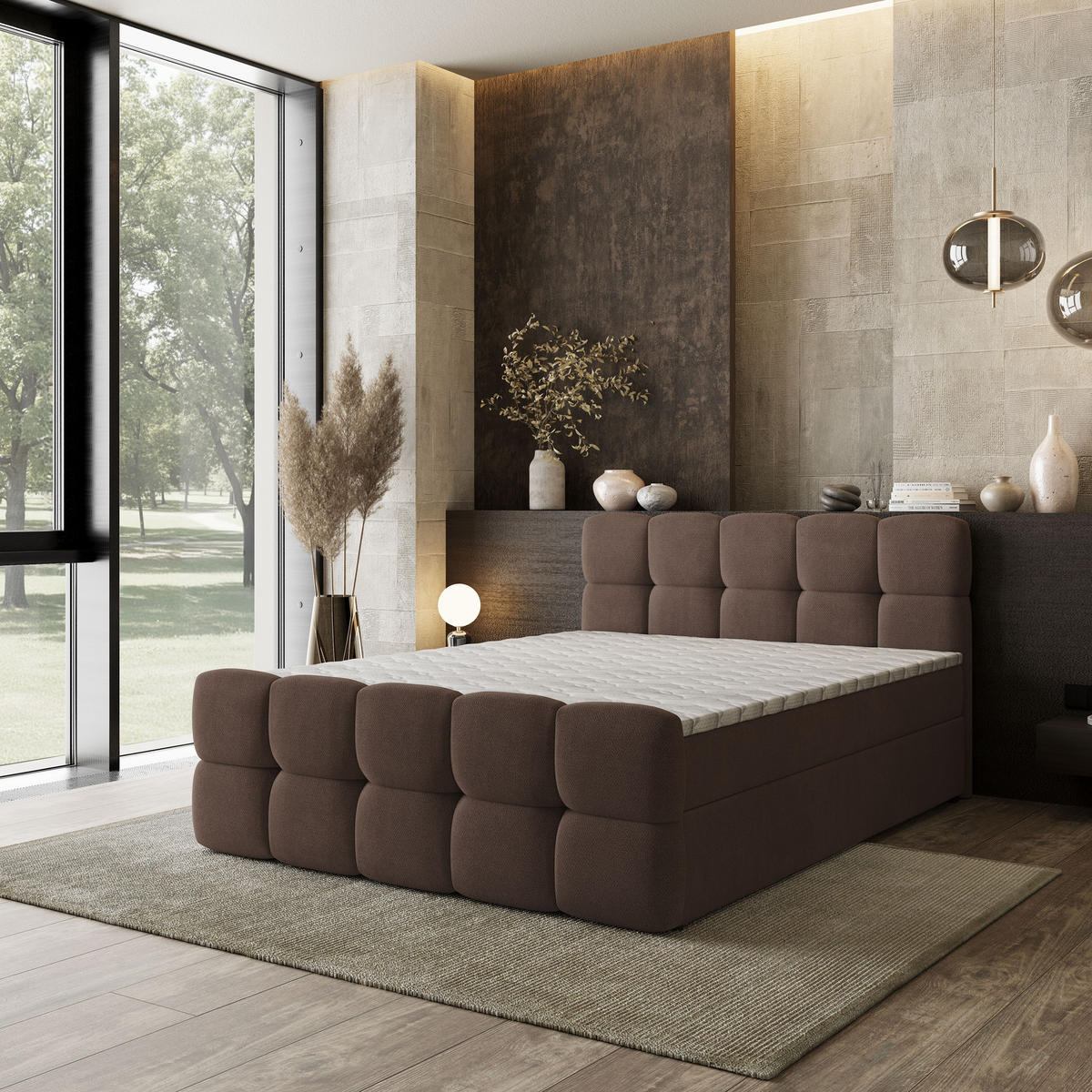 BOXBETT BRUME 160x200 cm mit Matratze und Topper, H2+H3 - Braun - Braun, Holz (160/200cm) - MASSENO