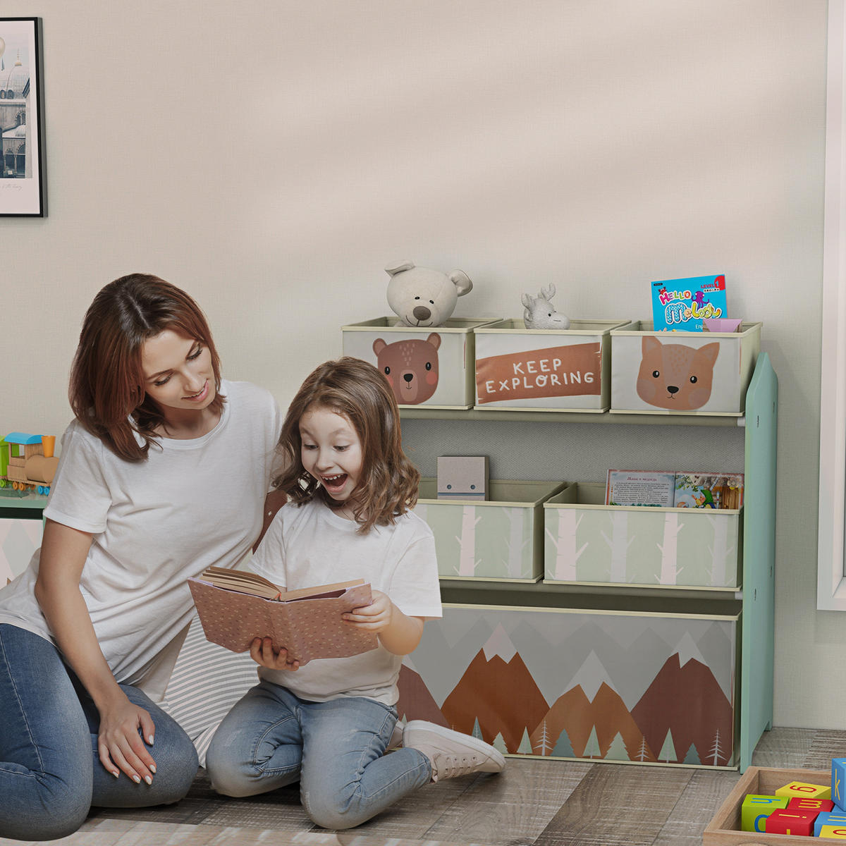 KINDERREGAL Spielzeugregal mit 6 herausnehmbare Boxen aus Vliesstoff, Grün - Grün, Holzwerkstoff (30/66/63cm) - ZONEKIZ