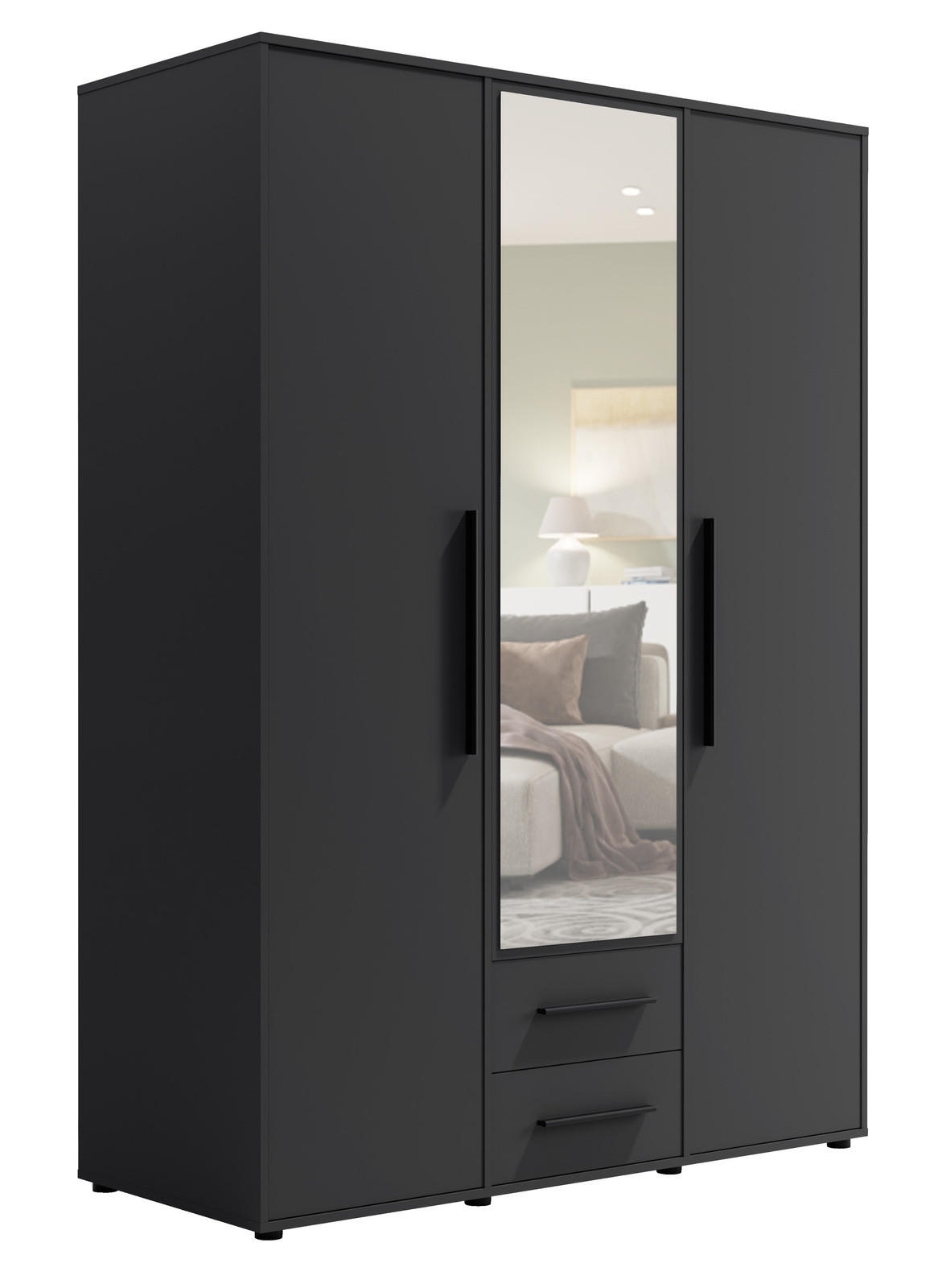 KLEIDERSCHRANK Modena 150cm mit Spiegel Schwarz - Schwarz, Holzwerkstoff/Kunststoff (150/206/59cm) - Ravio