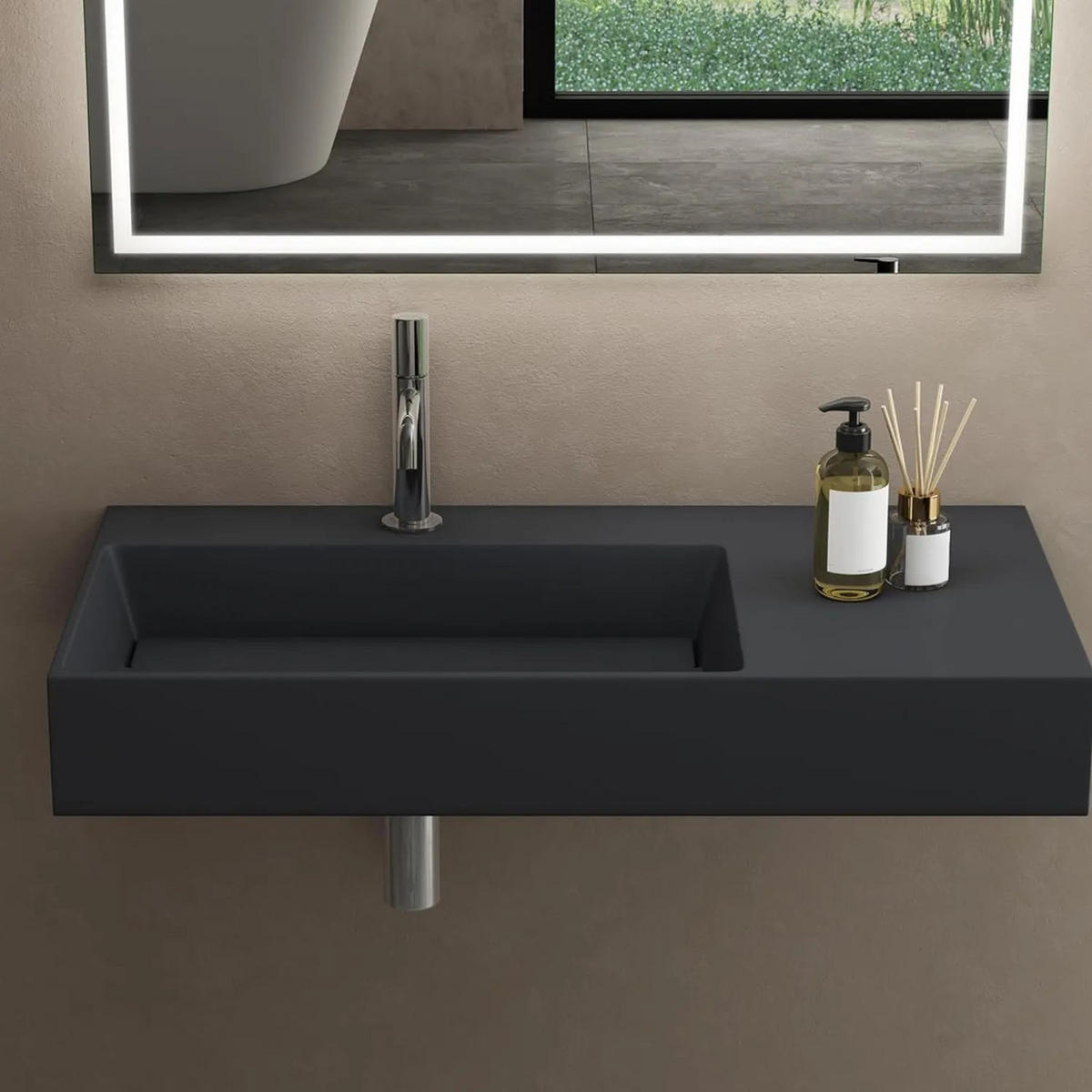 WASCHBECKEN Rea Konglomerat Archi 90 Cm Grey Matt - Grau, Keramik (48/13/89.5cm) - REA