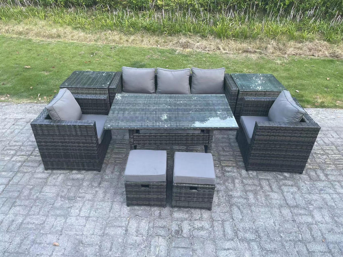 LOUNGEGARNITUR mit Stuhl Polyrattan Dunkelgrau 7-Sitzer - Dunkelgrau/Grau, Glas/Kunststoff - Fimous
