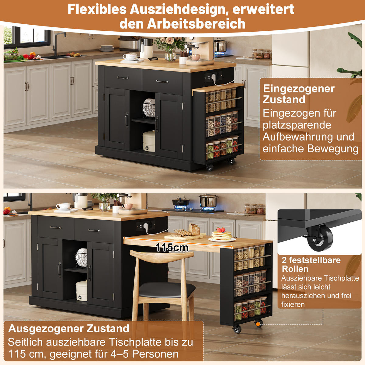 KÜCHENINSEL 133.5/60/93 cm Schwarz mit 2 Schubladen, ausziehbarem Esstisch und verstellbaren Regalen - Schwarz, Holz (60/93/132cm) - Oxeza