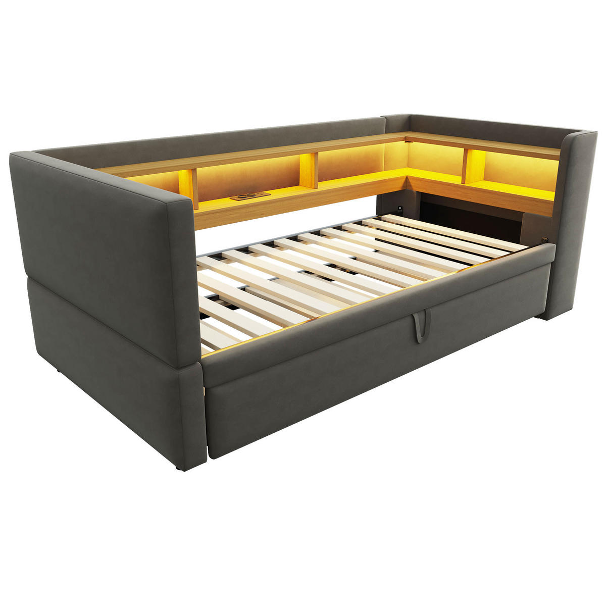 AUSZIEHBETT 90/180/190 cm DE-01990, in Dunkelgrau, mit LED, Steckdosen und Staufächern - Dunkelgrau, Metall (90/190cm) - ComfortXL