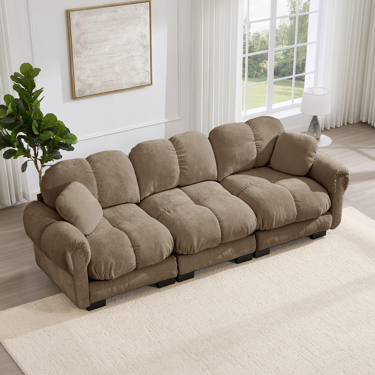 3-SITZER-SOFA DE-34384 Steppdesign und 2 Dekokissen Braun - Braun, Textil (86/90/260cm) - ComfortXL