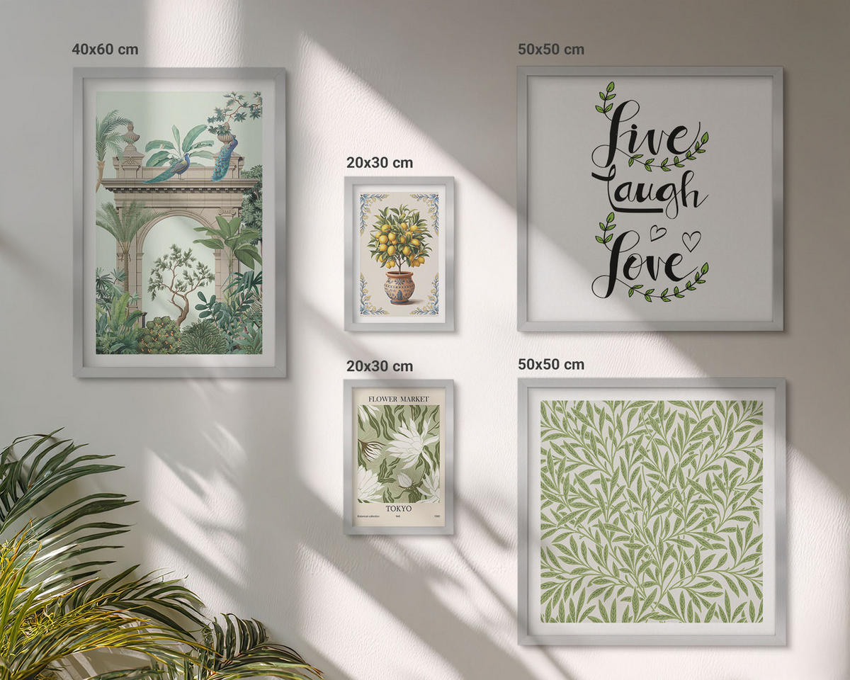 WANDBILDER 5er Set - 50x50 cm & 20x30 cm & 40x60 cm Silberner Rahmen - Grüne Blätter exotischer Pflanzen - Silberfarben, Kunststoff (40/60cm) - ArtPrintCave