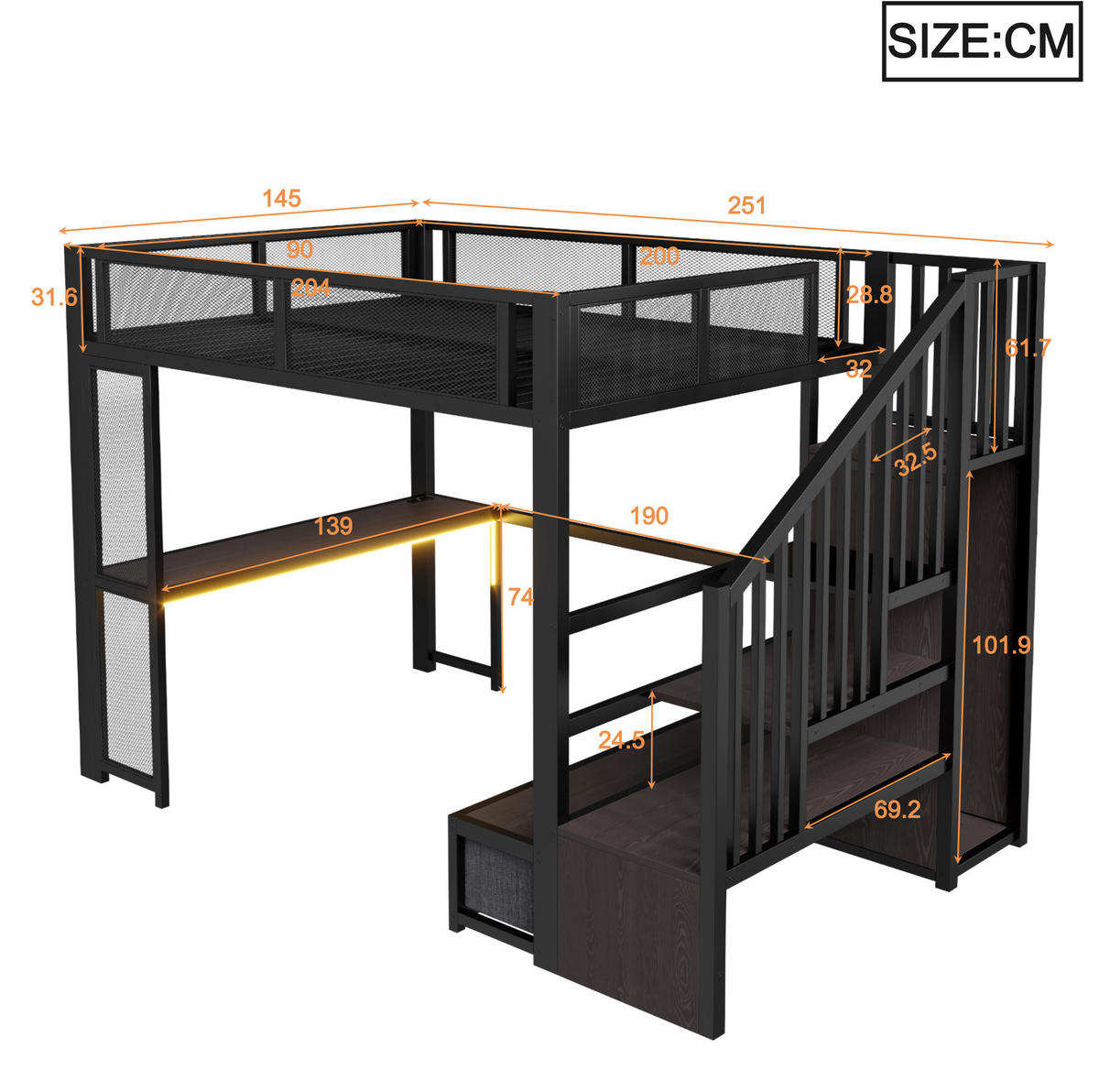 HOCHBETT aus Metall und MDF 140x200 cm Schwarz mit Schreibtisch, Stauraumtreppe, USB und LED - Schwarz, Holzwerkstoff (140/200cm) - IVMEU