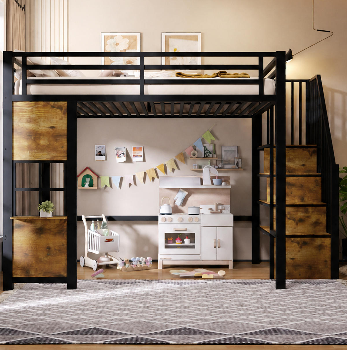 HOCHBETT 140/200 cm aus MDF und Metall mit Ablageleiter, Schwarz - Schwarz, Holzwerkstoff (140/200cm) - OKMYHOME