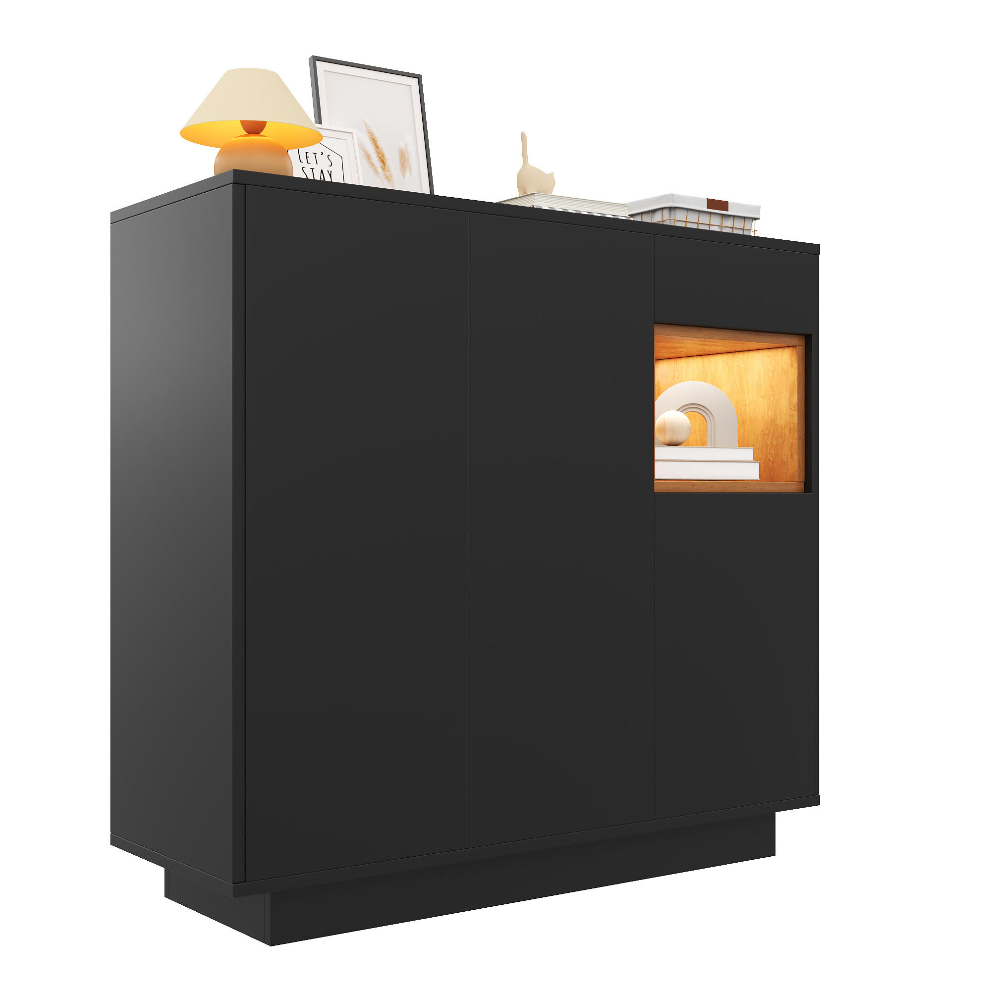 SCHUHSCHRANK in Schwarz und Naturfarben Schuhkommode mit LED-Beleuchtung für 14–18 Paar Schuhe, B105/T39.5/H100.5 cm - Schwarz/Naturfarben, Holzwerkstoff/Metall (105/100.5/39.5cm) - STILVORA